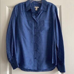 J. Crew 100% Silk Button-down Long Sleeve Shirt. Blue with white polka dots.